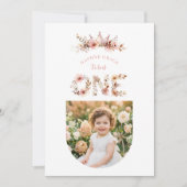 Invitation Boho Floral One Word Pink First Birthday (Devant)