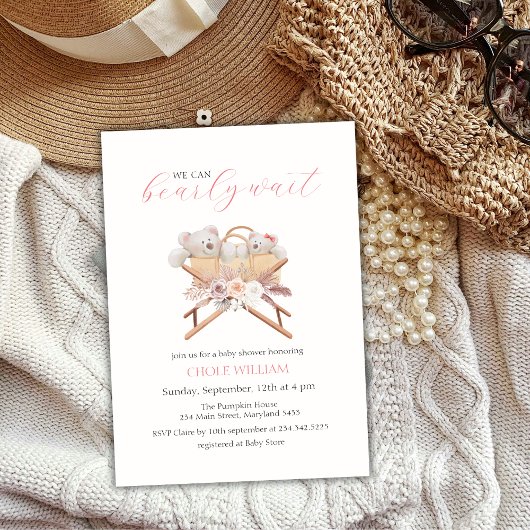 Invitation Boho Floral Ours Bassinet Baby shower fille