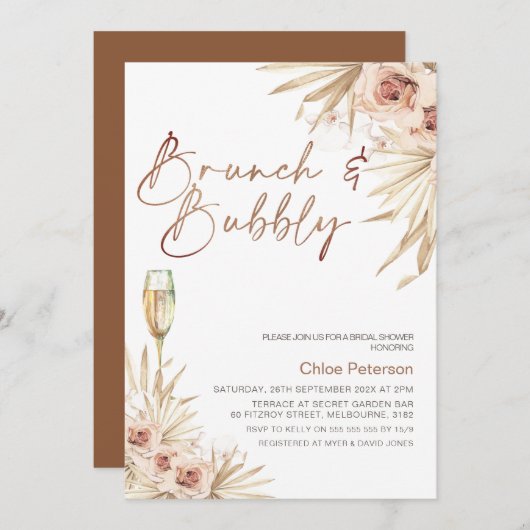 Invitation Boho Floral Palm Brunch Fête des mariées Bubbly (Devant / Derrière)