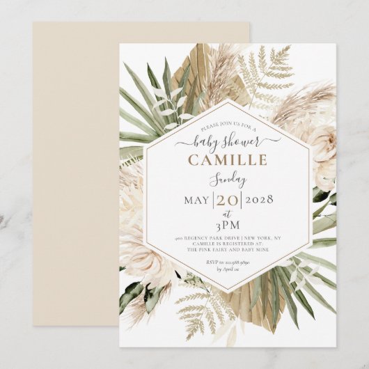 Invitation Boho Floral Palmetto Feuille Baby shower Eucalyptu (Devant / Derrière)