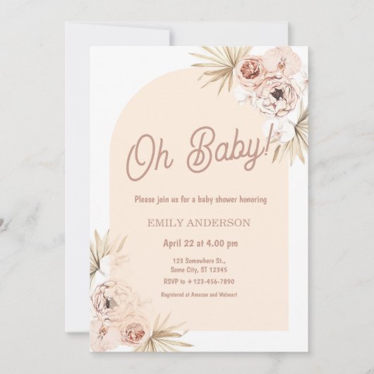 Invitation Boho Floral Pampas Grass Baby Shower (Devant)