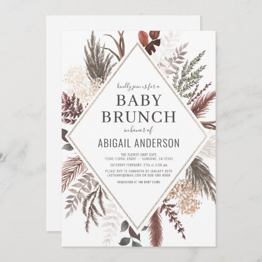 Invitation Boho Floral Pampas Grass Bébé Brunch Douche  (Devant / Derrière)