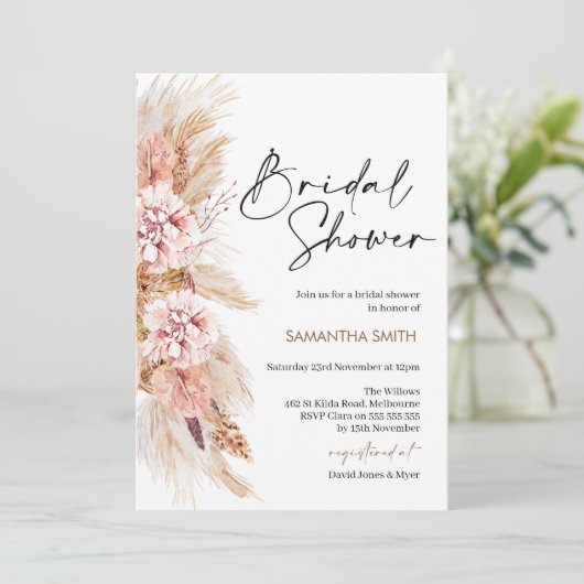Invitation Boho Floral Pampas Grass nuptiale de douche Invita (Debout devant)