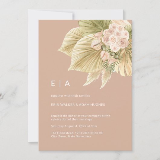 Invitation Boho Floral Pampas Grass Palm Blush Mariage rose (Devant)