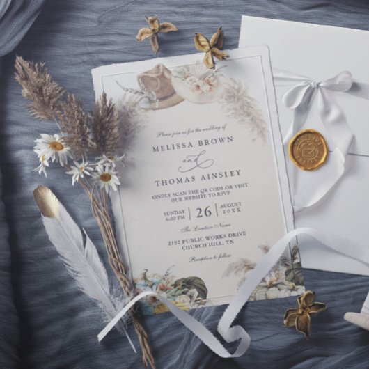 Invitation Boho Floral Pampas Grass Rustic QR Code Wedding