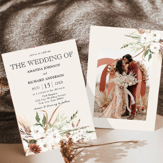 Invitation Boho Floral Pampas Grass Terracotta Photo Mariage