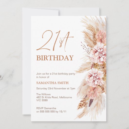 Invitation Boho Floral Pampas Herbe 21ème anniversaire Invita (Devant)