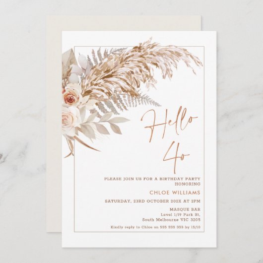 Invitation Boho Floral Pampas Herbe Bonjour 40 Anniversaire I (Devant / Derrière)