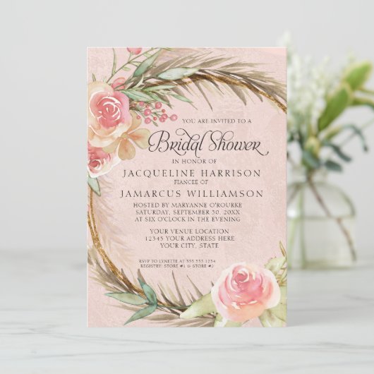 Invitation BOHO Floral Pampas Rose Aquarelle Wreath (Debout devant)