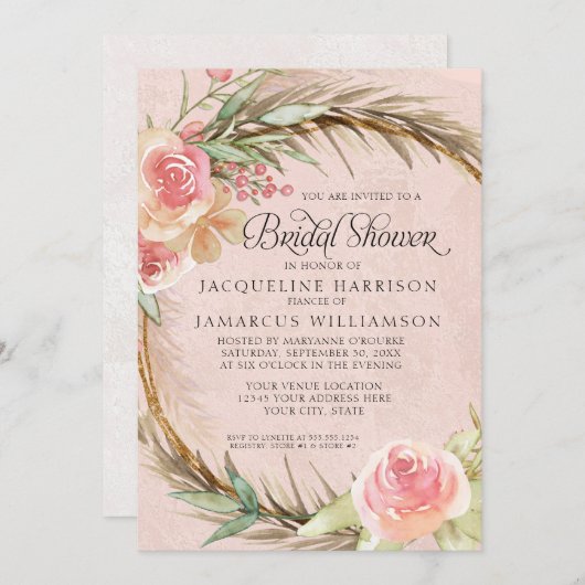 Invitation BOHO Floral Pampas Rose Aquarelle Wreath (Devant / Derrière)