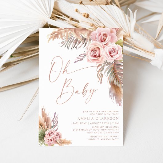 Invitation Boho Floral Pampas Rose Baby shower or