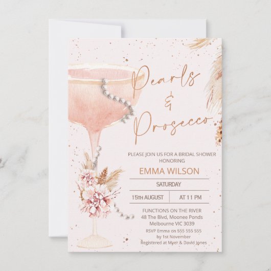 Invitation Boho Floral Pearls Prosecco Fête des mariées (Devant)