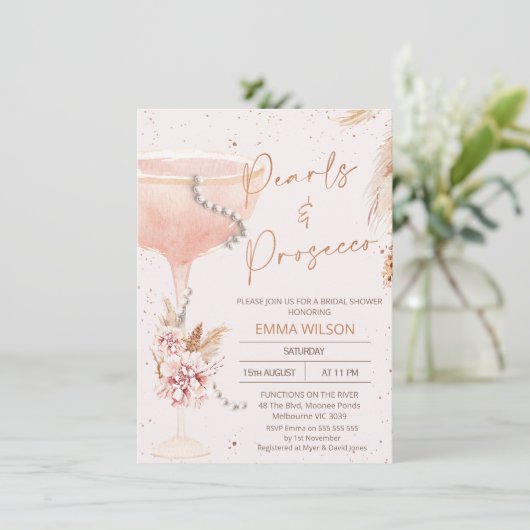 Invitation Boho Floral Pearls Prosecco QR Code Fête des marié (Debout devant)