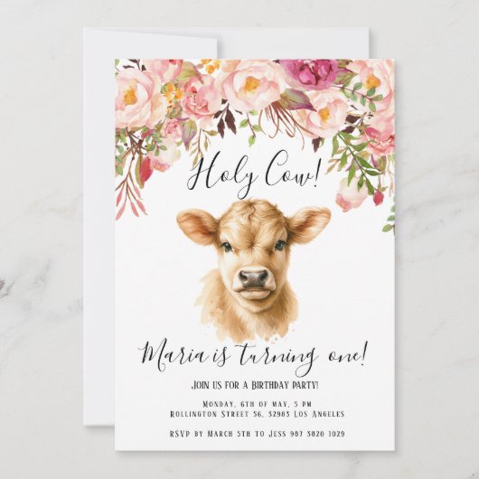 Invitation Boho Floral Peony Highland Cow Anniversaire de enf (Devant)