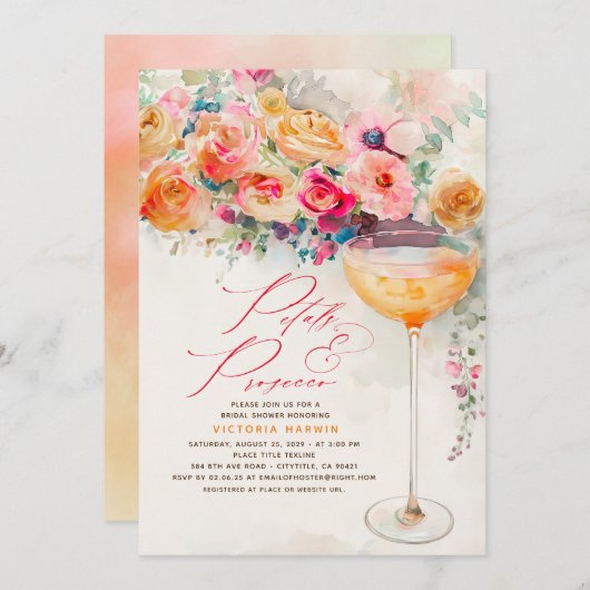 Invitation Boho Floral Petals et Prosecco Fête des mariées (Devant / Derrière)