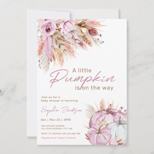 Invitation Boho Floral Petit Baby shower Citrouille rose (Devant)