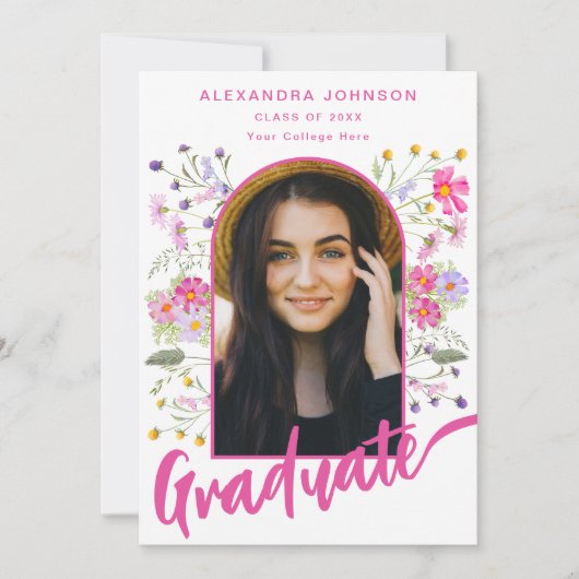 Invitation Boho Floral Photo Arch Pink Script Graduation Part (Devant)