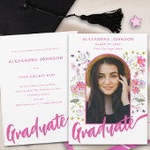 Invitation Boho Floral Photo Arch Pink Script Graduation Part