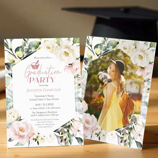 Invitation Boho Floral Photo Pharmacy School Graduation Party