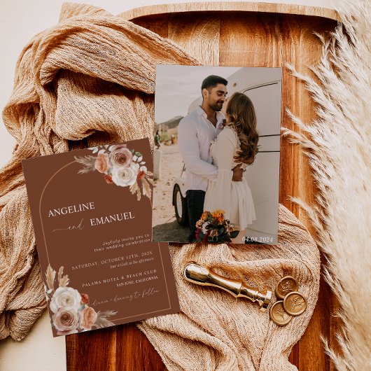 Invitation Boho Floral Photo Wedding Inviter Pampas Grass