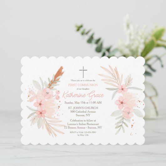 Invitation Boho Floral Première sainte communion (Debout devant)