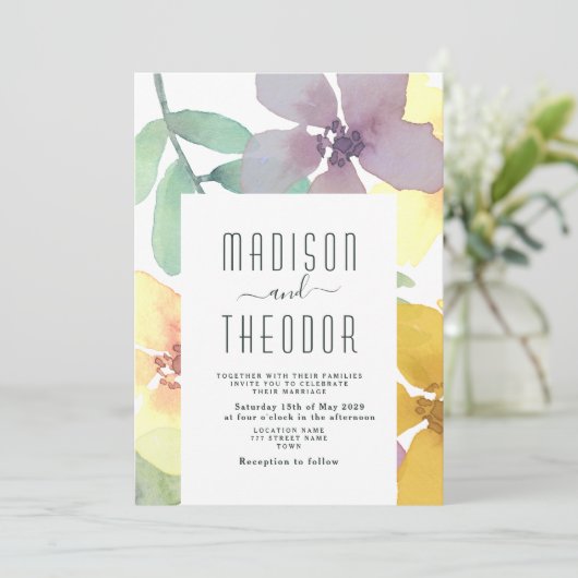 Invitation Boho Floral Purple Jaune Mariage (Debout devant)