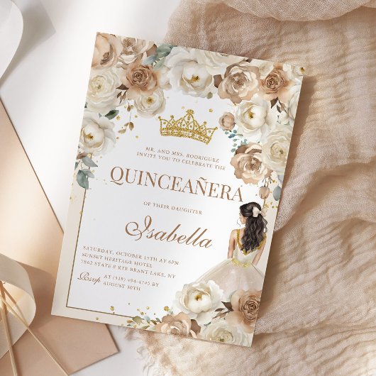 Invitation Boho Floral Quinceanera Champagne Mis Quince Anos