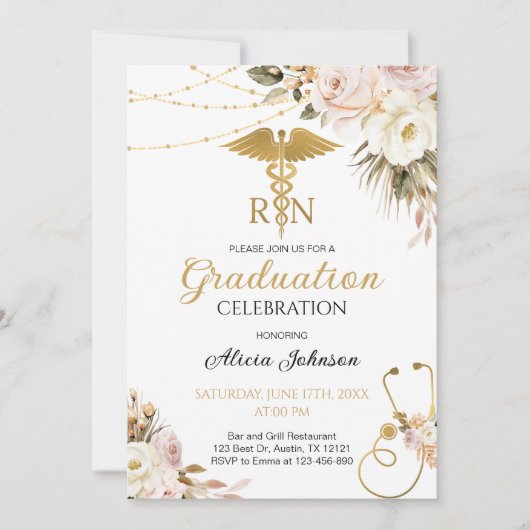 Invitation Boho Floral RN Nursing School Graduation (Devant)