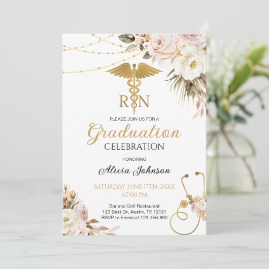 Invitation Boho Floral RN Nursing School Graduation (Debout devant)