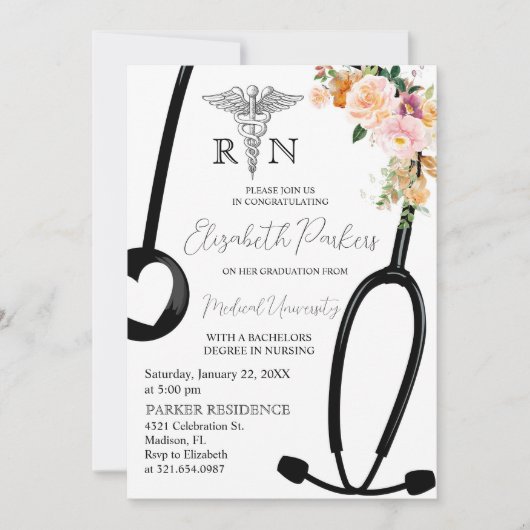 Invitation Boho Floral RN Nursing School Graduation Party (Devant)