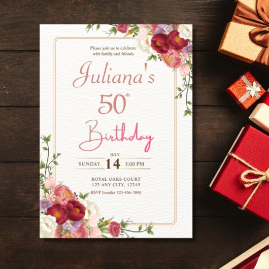 Invitation Boho floral rose 50e fête d'anniversaire