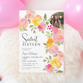 Invitation Boho Floral Rose Aquarelle Script Photo Sweet 16