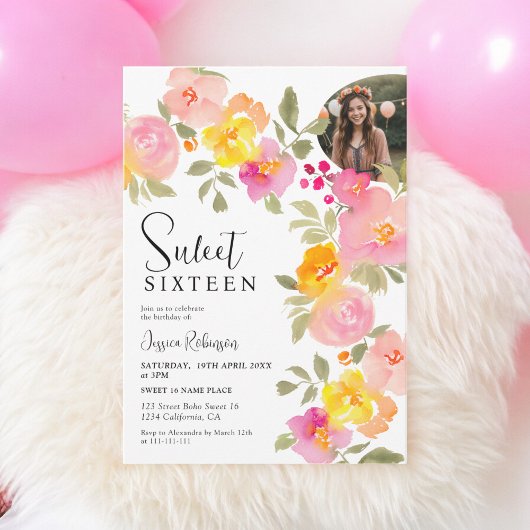 Invitation Boho Floral Rose Aquarelle Script Photo Sweet 16