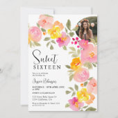 Invitation Boho Floral Rose Aquarelle Script Photo Sweet 16 (Devant)