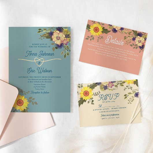 Invitation Boho Floral rose et bleu Mariage