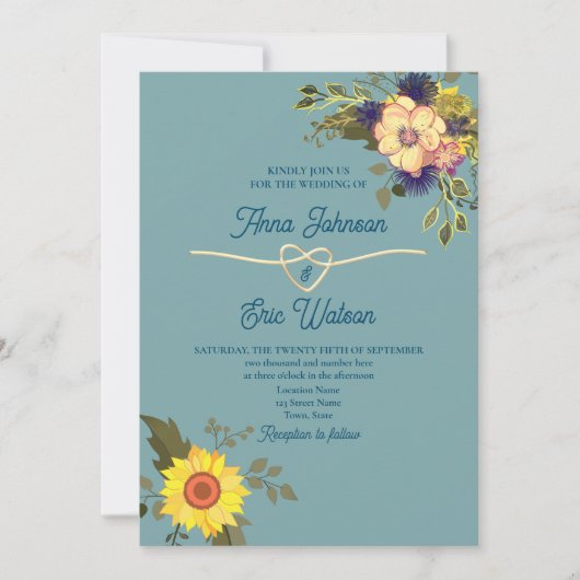 Invitation Boho Floral rose et bleu Mariage (Devant)
