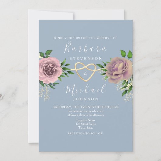 Invitation Boho floral rose et Mariage bleu poussiéreux (Devant)