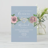 Invitation Boho floral rose et Mariage bleu poussiéreux (Debout devant)