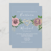 Invitation Boho floral rose et Mariage bleu poussiéreux (Devant / Derrière)