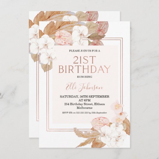 Invitation Boho Floral Rose Gold 21ème anniversaire Invitatio (Devant / Derrière)