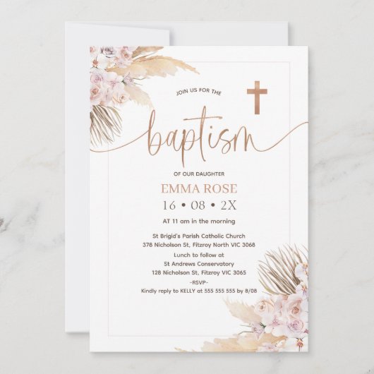 Invitation Boho Floral Rose Gold Calligraphie Baptême (Devant)