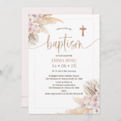 Invitation Boho Floral Rose Gold Calligraphie Baptême (Devant / Derrière)