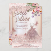 Invitation Boho floral Rose or glitrobe papillon (Devant / Derrière)