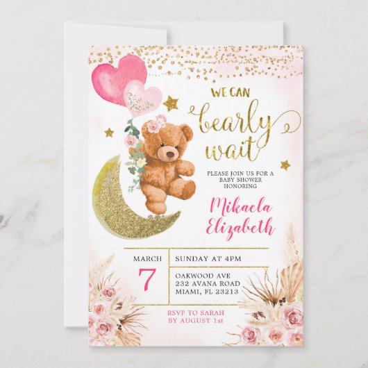 Invitation Boho Floral Rose pour Baby Shower Bearl (Devant)