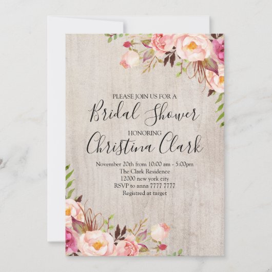 Invitation Boho Floral Rustic Bois Fête des mariées Rose (Devant)