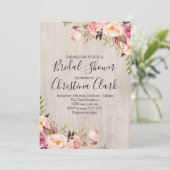 Invitation Boho Floral Rustic Bois Fête des mariées Rose (Debout devant)