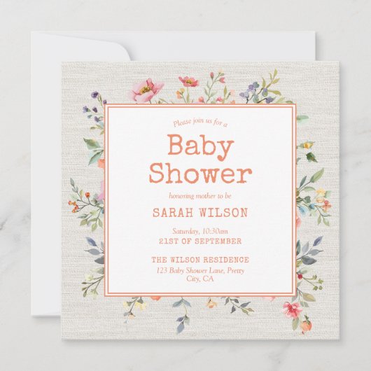 Invitation Boho Floral Rustic Botanique Baby shower Carré (Devant)