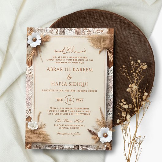 Invitation Boho Floral Rustic Monogramme Mariage islamique
