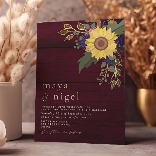 Invitation Boho Floral Rustique Bourgogne Mariage
