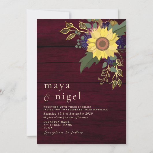 Invitation Boho Floral Rustique Bourgogne Mariage (Devant)
